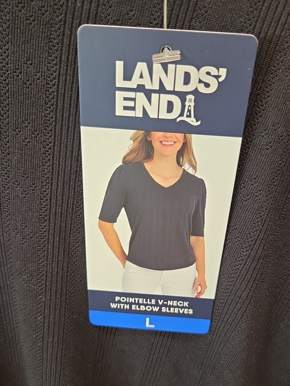Lands' End Black Pointelle V-Neck Elbow Sleeve Top